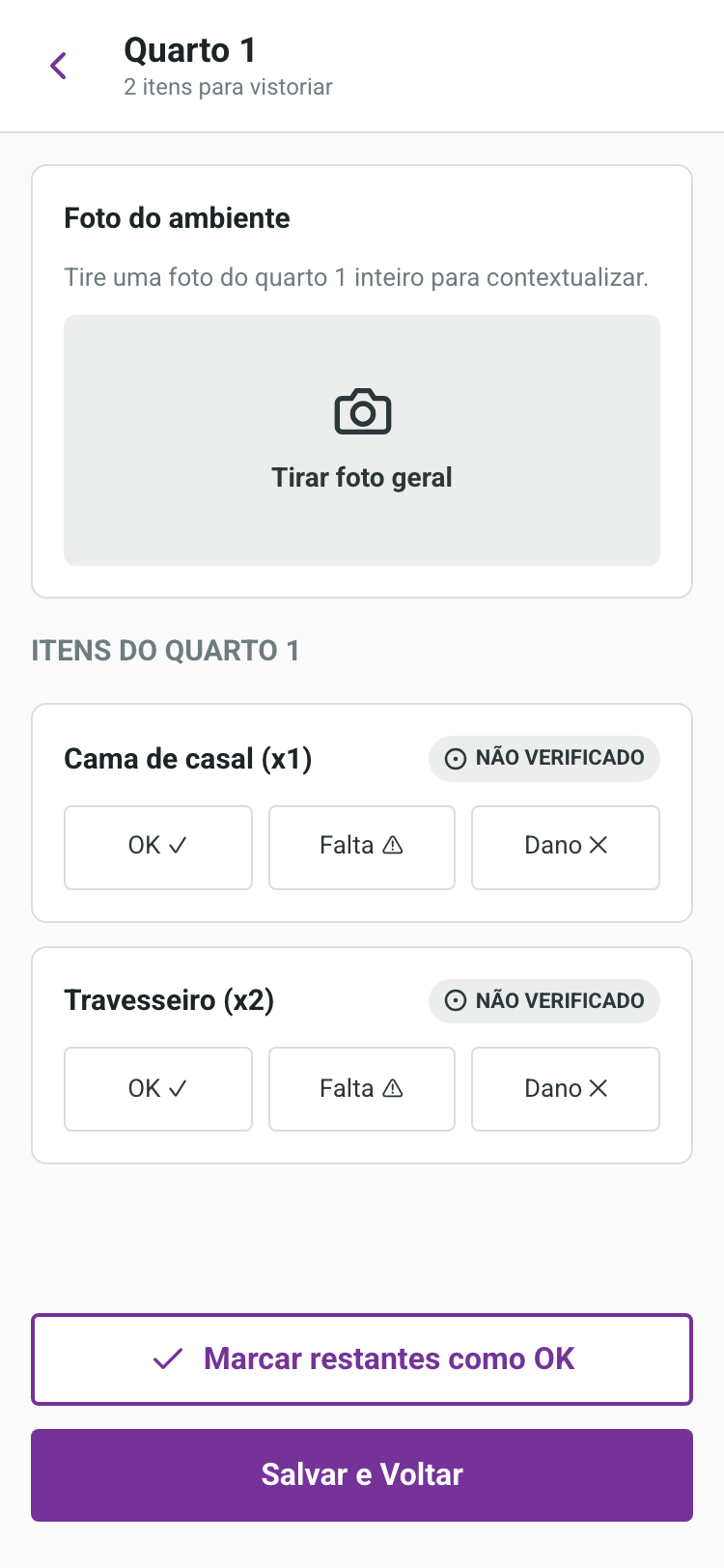 Vistoria aberta no celular: cômodo Quarto 1 com os itens Cama e Travesseiro, cada um com os botões OK, Falta e Dano.