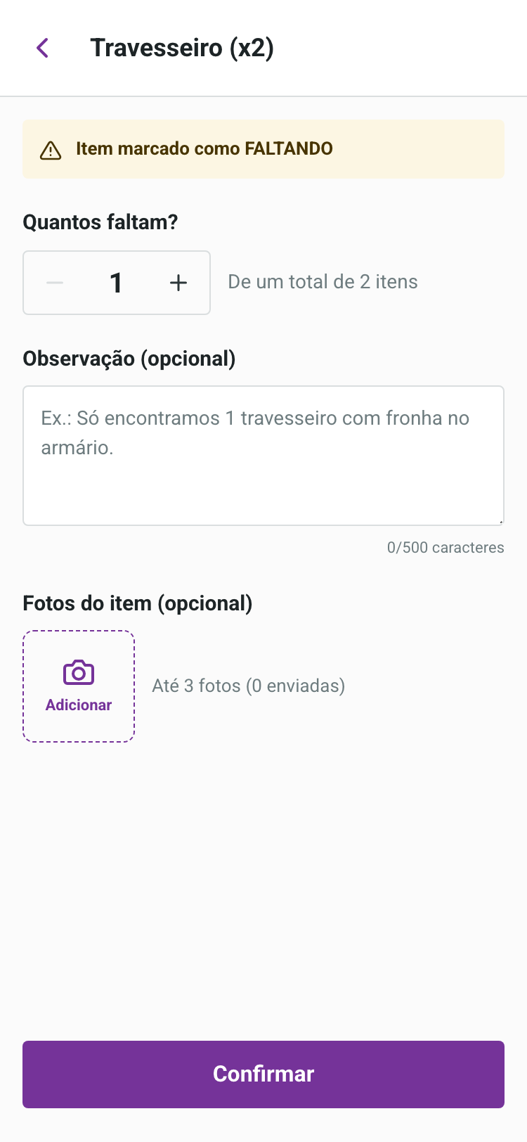 Registro de um item marcado como Faltando durante a vistoria: quantos faltam, campo de observação e envio de até 3 fotos do item.